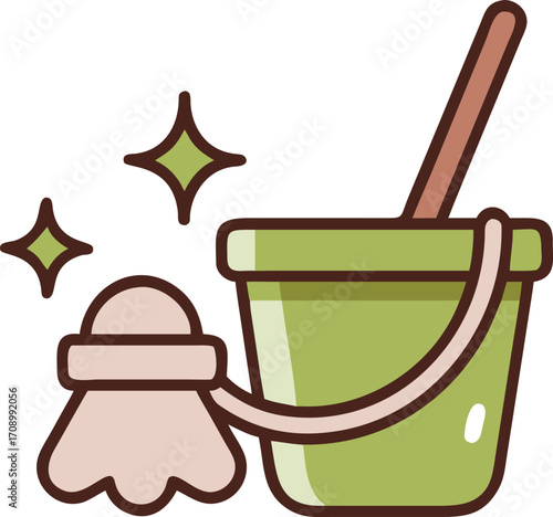 A bucket filled with a mop and a broom, tools commonly used for cleaning floors and surfaces.
