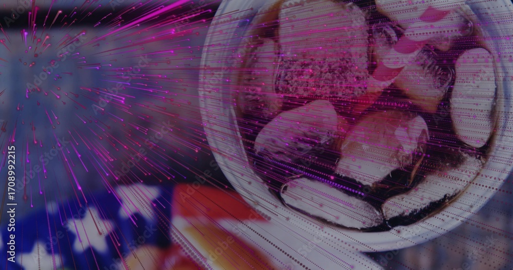 Obraz premium Showing white bowl holding iced drink on US flag, magenta-purple streaks and scanlines, copy space