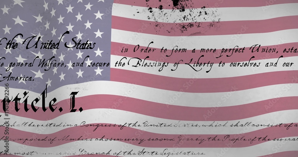 Naklejka premium Waving US flag overlaying cursive Gothic calligraphy in digital poster, with ink splatters grunge