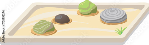 A white background showcases a tray with sand and various rocks arranged inside.