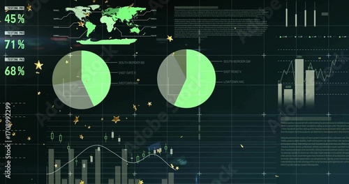 Displaying data dashboard on dark screen, with world map, pie charts, metrics and bar chart overlay