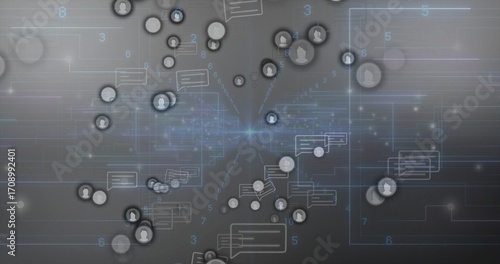 Central glow emitting blue lines connecting user icons in grid interface, chat bubbles and numbers