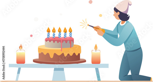 Vibrant vector illustration of a birthday scene with a cake, candles, and party elements, expressing birthday joy.