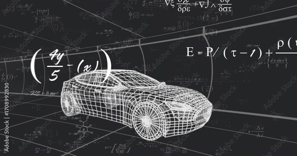 Obraz premium Rendering wireframe car floating inside grid-lined tunnel, displaying formulas, molecular diagrams
