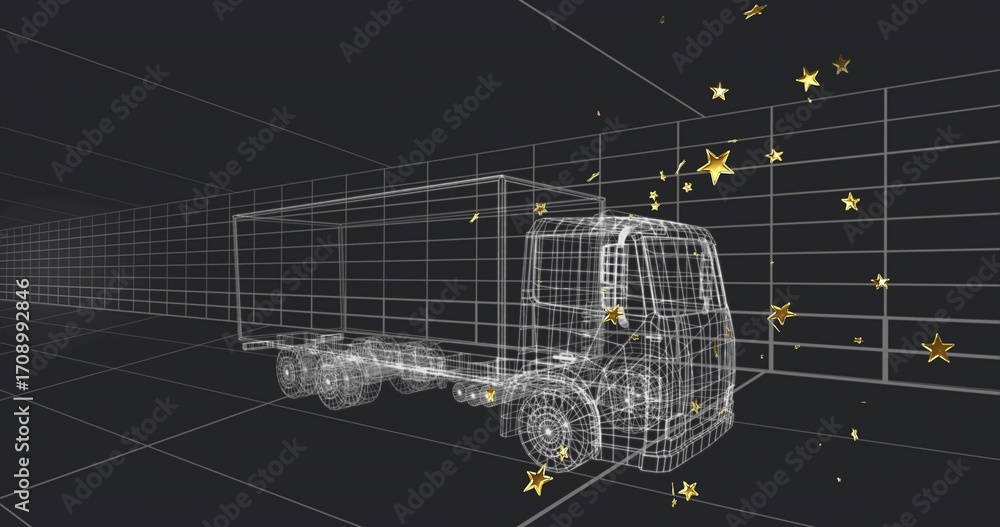 Obraz premium Displaying wireframe cargo truck occupying center of virtual grid space, with floating golden stars