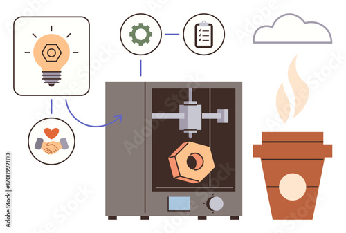 3D printer creating hexagonal object, icons for idea, collaboration, planning. Ideal for technology, innovation, teamwork, design manufacturing product development creativity. Simple flat metaphor