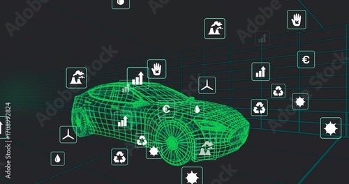 Displaying green wireframe passenger car model in dark grid space, with floating eco metrics icons