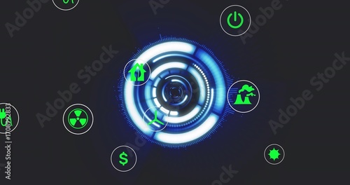 Displaying glowing concentric HUD at digital panel, with plug radiation turbines plant dollar star