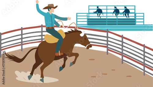 In a rodeo, a cowboy clings to a bucking horse, demonstrating athleticism and courage amidst the thrilling atmosphere.