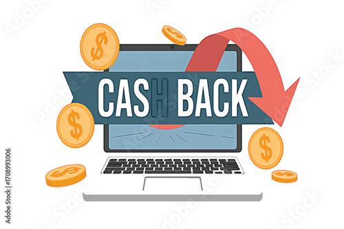 Illustration depicting a laptop displaying the words 'Cash Back' with coins and an arrow, symbolizing financial rewards and online shopping