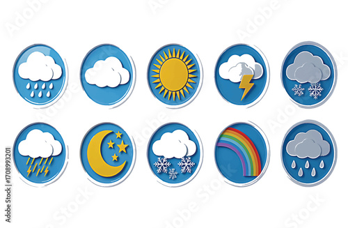 Collection of 3D weather icons, depicting various atmospheric conditions like sun, clouds, rain, snow, lightning, moon, and rainbow, for modern digital applications