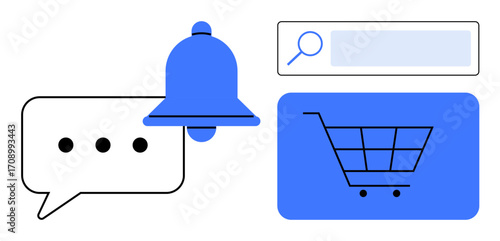 Speech bubble, notification bell, search bar, and shopping cart representing communication, alerts, search, and eCommerce. Ideal for communication tools, eCommerce platforms user interfaces digital