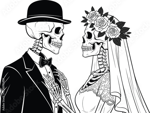 Skeleton bride and groom in wedding attire, romantic skeleton couple, wedding illustration, gothic love, spooky marriage, Halloween wedding art