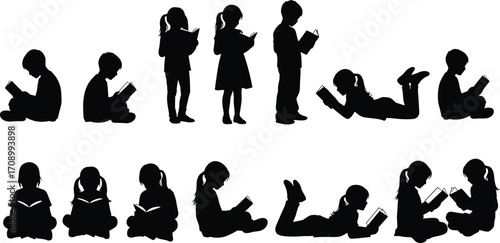 Silhouettes of children reading books in various poses, education, literacy, black illustration, childhood learning, peaceful moment, outdoor scene, focus