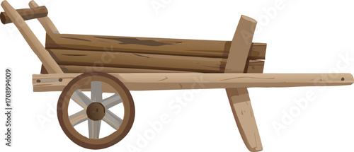 A wooden cart with wheels set against a white background, emphasizing its traditional style and sturdy construction.