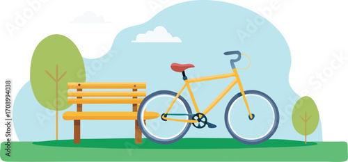 A bicycle rests beside a bench in a peaceful park, with lush greenery and a clear sky in the background.