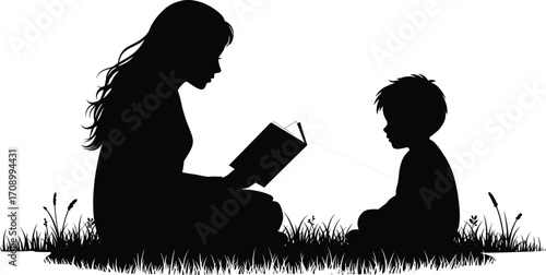Silhouette of mother reading book to child, family bonding outdoors, parenting love, education concept, peaceful nature scene, childhood learning