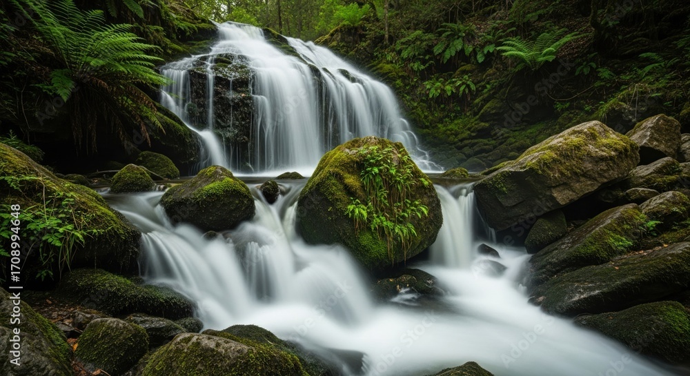 Obraz premium A cascading waterfall flows over moss covered rocks in a lush green forest with ferns and trees