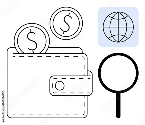 Wallet with coins, magnifying glass, and a globe icon conveying finance, search, and global interaction. Ideal for money management, global economy, ecommerce, business research digital payments