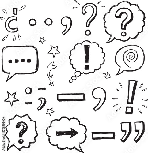 A whimsical collection of hand-drawn punctuation and speech bubble symbols with a scribbled, textured style