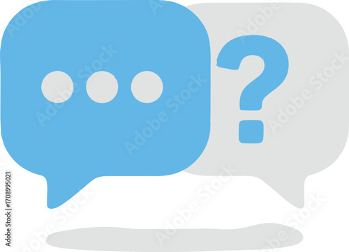 Blue and Grey Chat Bubble Icons with Ellipsis and Question Mark, Communication Symbol for Messaging, Support, FAQ, and Online Help Concepts