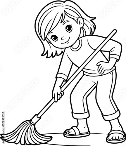 Cute girl mopping floor, cartoon cleaning character, household chore activity, kid helping with housework, child hygiene concept, line art drawing