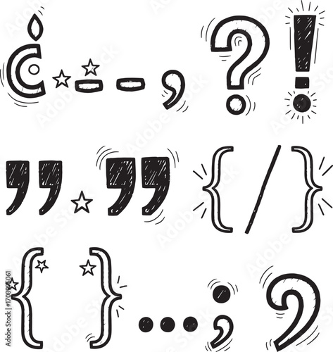 A whimsical, hand-drawn collection of common punctuation symbols with a scribbled, textured style