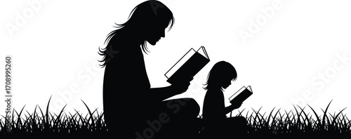 Silhouette of adult and child reading books on grass, education bonding, parenting, literacy, outdoor learning, peaceful moment, black illustration
