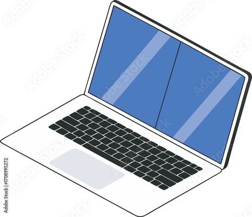 Modern open laptop computer with blue screen and keyboard in isometric view