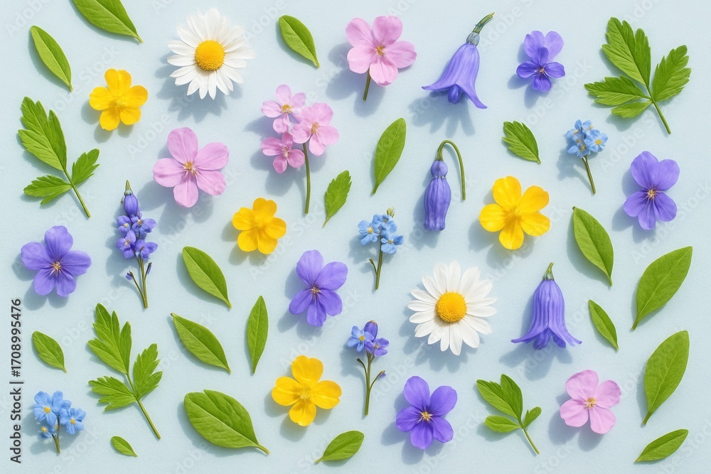 Obraz premium Delicate spring wildflower flat lay pattern on pastel blue with soft shadows and negative space botanical background for invitations and branding