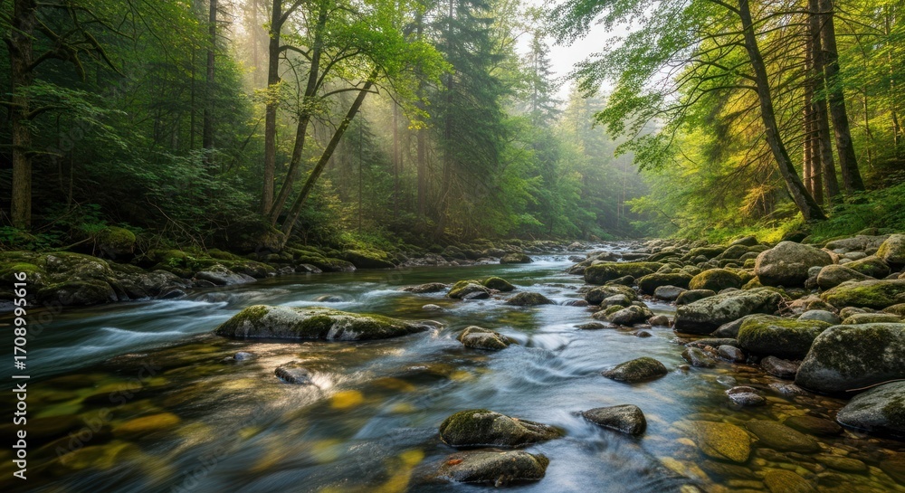 Obraz premium Forest stream sunlight dawn