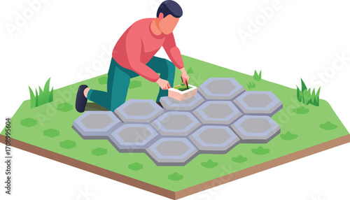 A man is positioning a patch of grass on the soil, focusing on creating a neat and even lawn area.