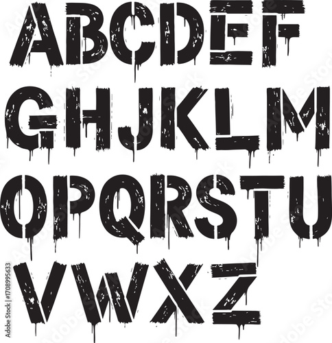 A distressed and grungy uppercase alphabet with a dripping, paint-splatter, and stencil-like texture