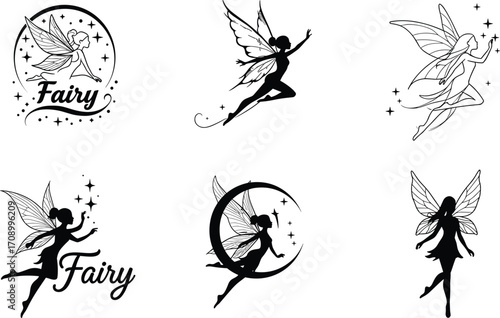 Set of six elegant fairy silhouettes with wings, magical fantasy characters, mystical creatures, whimsical designs, fairy tale, enchanting vector illustrations