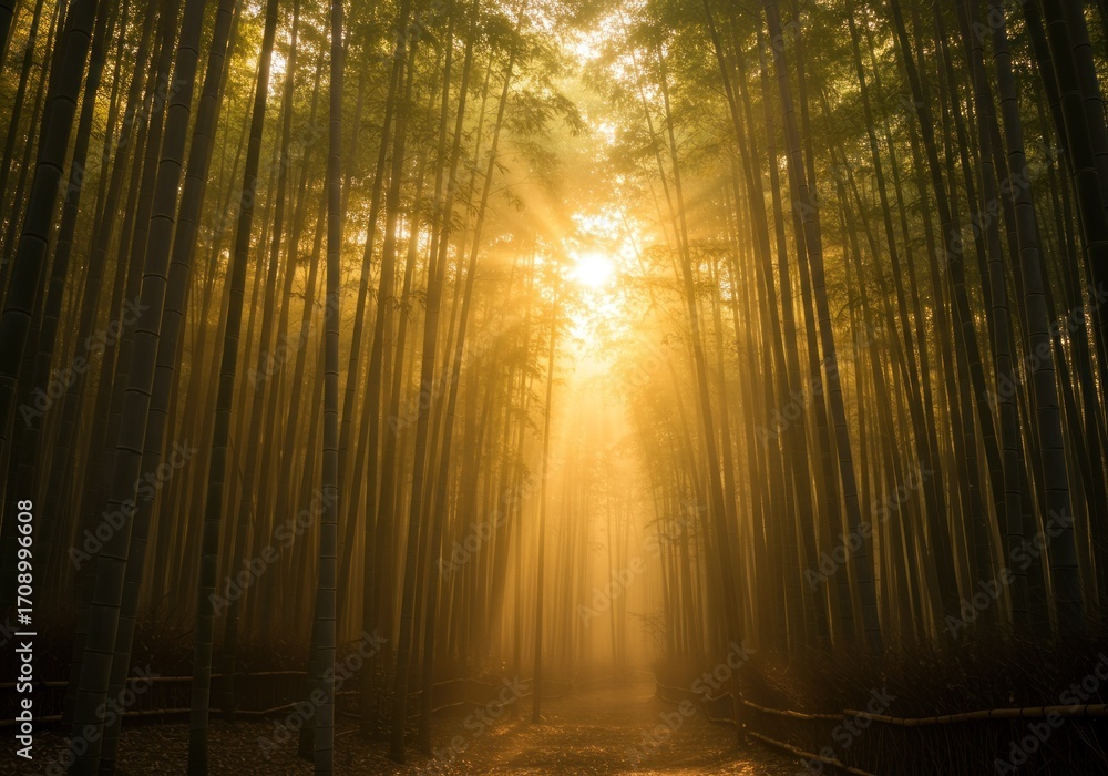 Naklejka premium Golden sunlight bamboo forest pathway