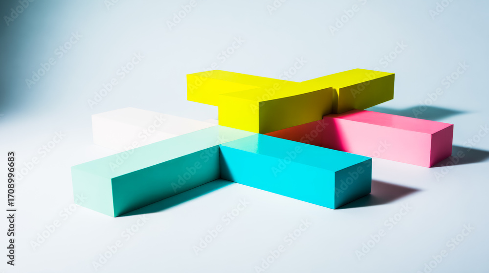 Fototapeta premium Abstract teamwork concept with interlocking geometric shapes on gradient. 