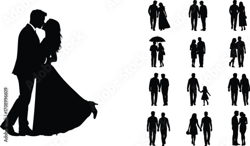 Romantic couple silhouettes, walking couples, love and relationship vector, holding hands, wedding pose, romantic moment, family bonding, LGBT couples