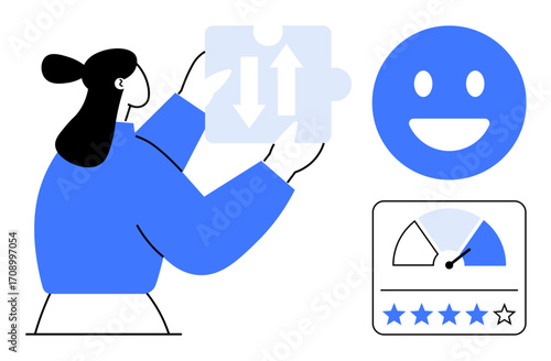 Woman holding puzzle piece symbolizing problem-solving near happy face and performance meter. Ideal for productivity, teamwork, feedback, customer satisfaction, service evaluation, improvement