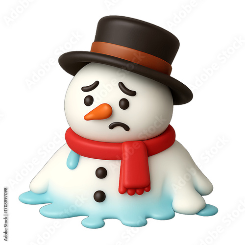 3D plastic icon of melting snowman with hat and scarf isolated on transparent background