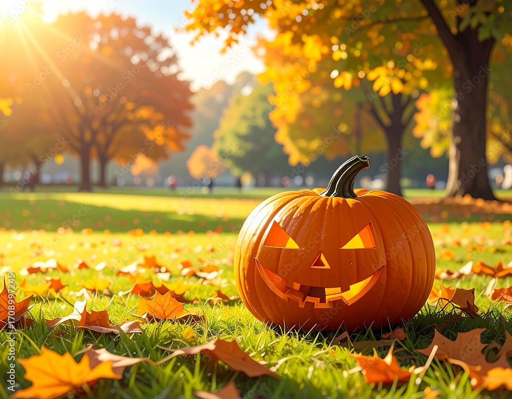 Naklejka premium Autumnal Jack-o'-lantern in a park setting