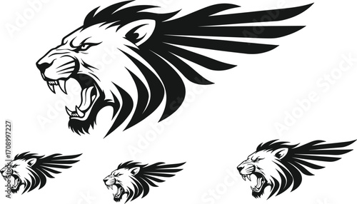 Roaring Lion Head with Tribal Wings Design, Fierce Animal Tattoo Style, Powerful Wild Cat Logo, Vector Illustration Art