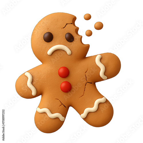 3D plastic icon of broken gingerbread cookie with bite mark isolated on transparent background