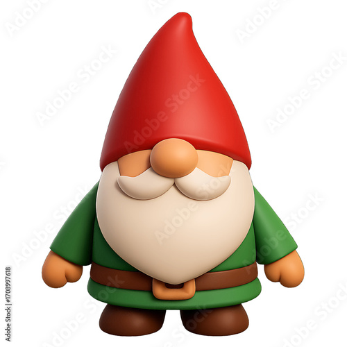 3D plastic icon of Christmas garden gnome with hat and beard isolated on transparent background