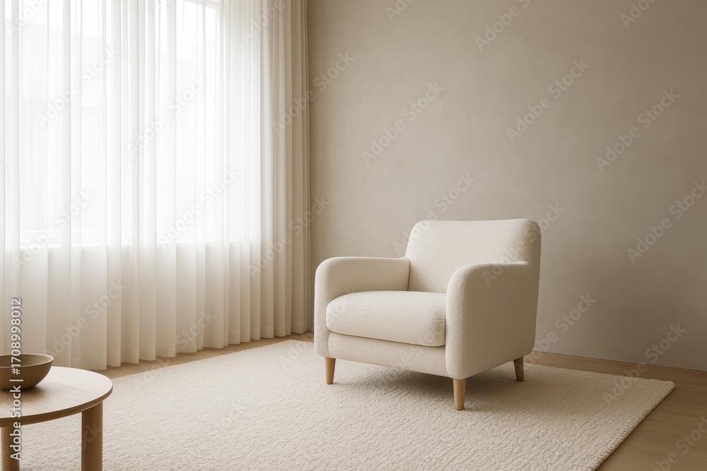 Obraz premium Modern living room interior with white armchair soft rug and sheer curtains against gray concrete wall Scandinavian minimal decor scene