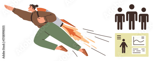 Individual powered by a jetpack moving forward, figures symbolizing teamwork, and infographic-thumbs up data representation. Ideal for growth, innovation, leadership, teamwork, analytics, personal