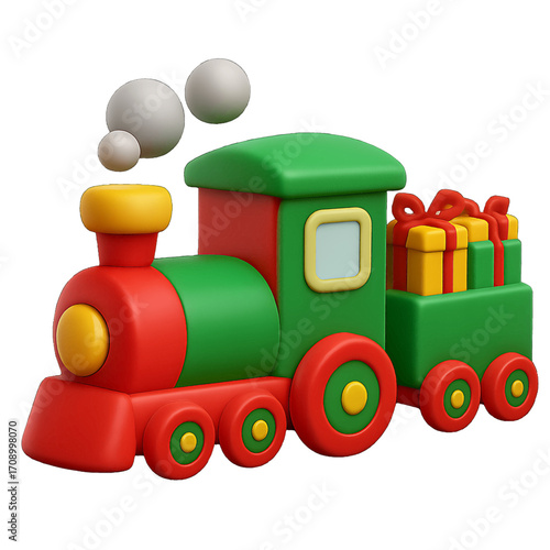 3D plastic icon of vintage toy train with smoke and presents isolated on transparent background