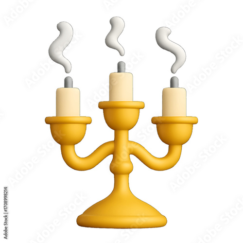 3D plastic icon of candlestick with extinguished candles isolated on transparent background
