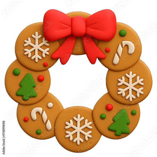 3D plastic icon of cookie wreath with decorated biscuits isolated on transparent background