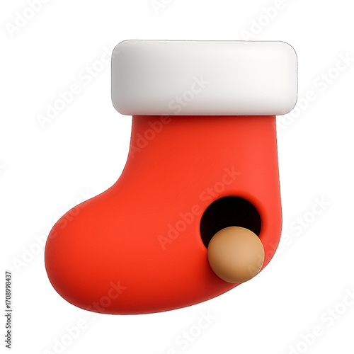3D plastic icon of Christmas stocking with hole isolated on transparent background