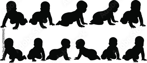 Baby crawling silhouette, infant movement stages, child development posture, toddler anatomy motion, crawling baby vector, black silhouette illustration, isolated pose